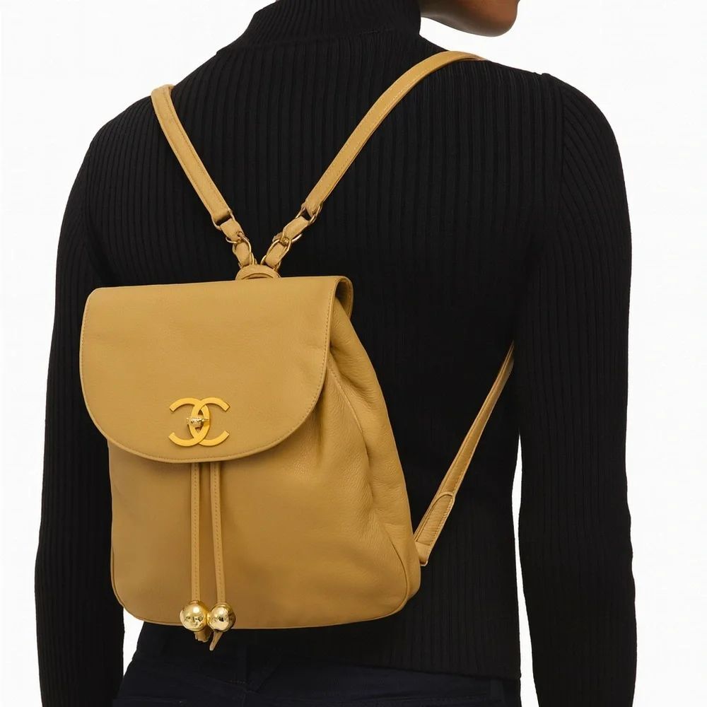 CHANEL Vintage Tan CC Logo Caviar Leather Backpack
